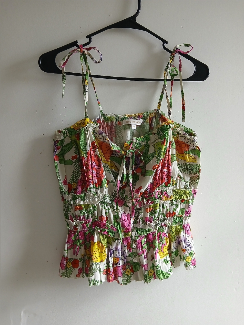 Floral Tie-Shoulder Smocked Camisole - White Multi